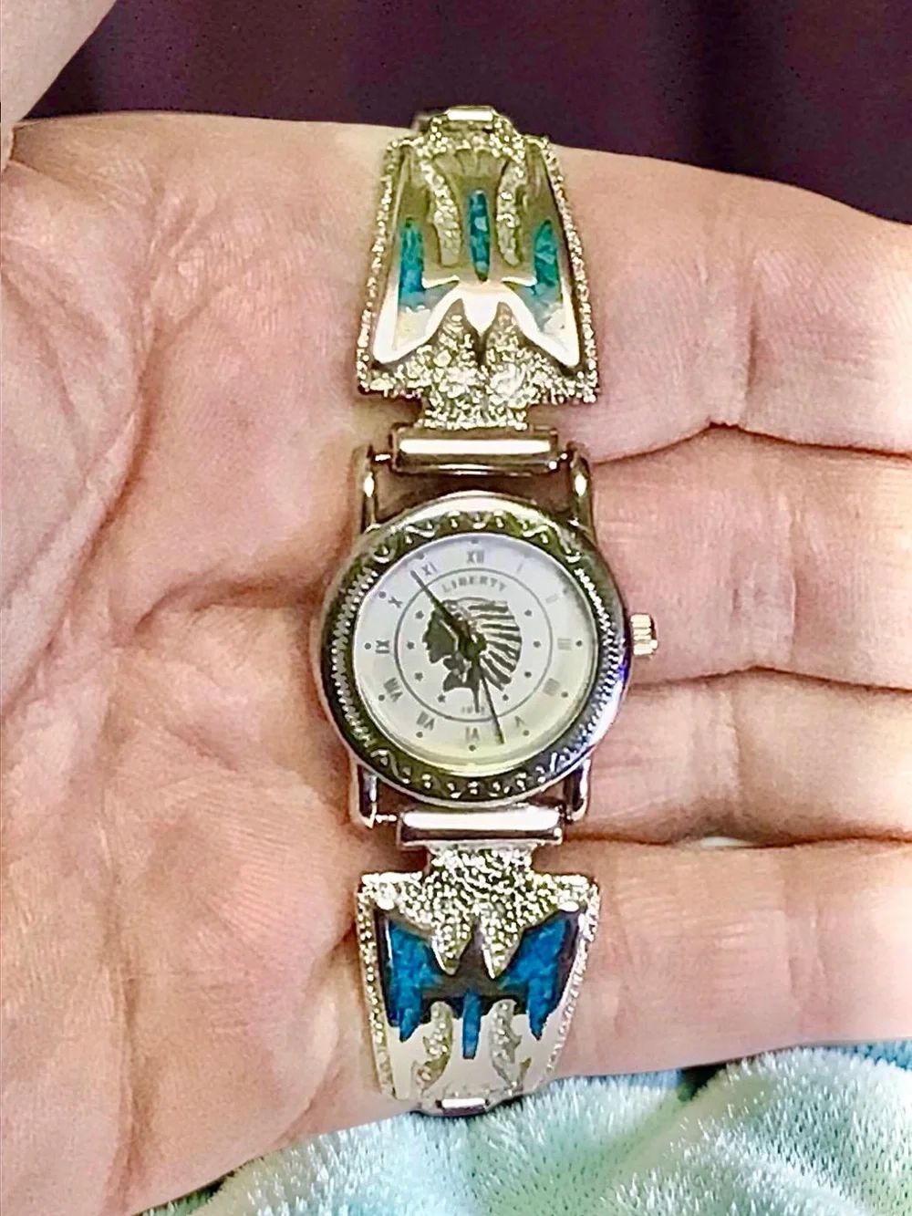 Silver Indian Chief Watch with Sterling Navajo Turquoise Inlay Thunderbird Tips